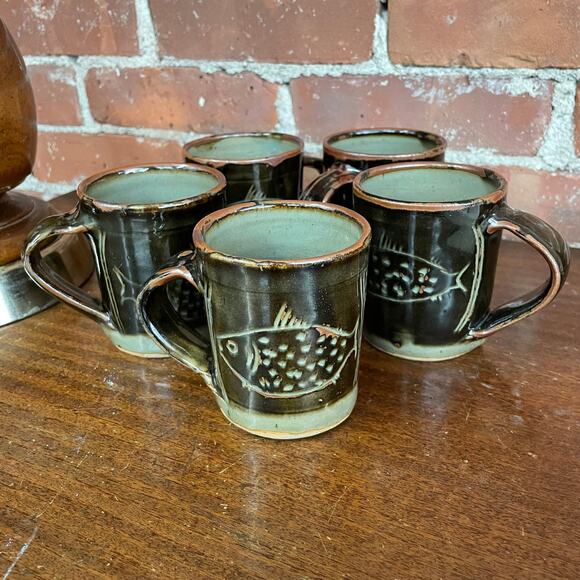 Studio Pottery Fish Mugs – Set of 5 Rustic Hand-Thrown Cups - Picture 1 of 7